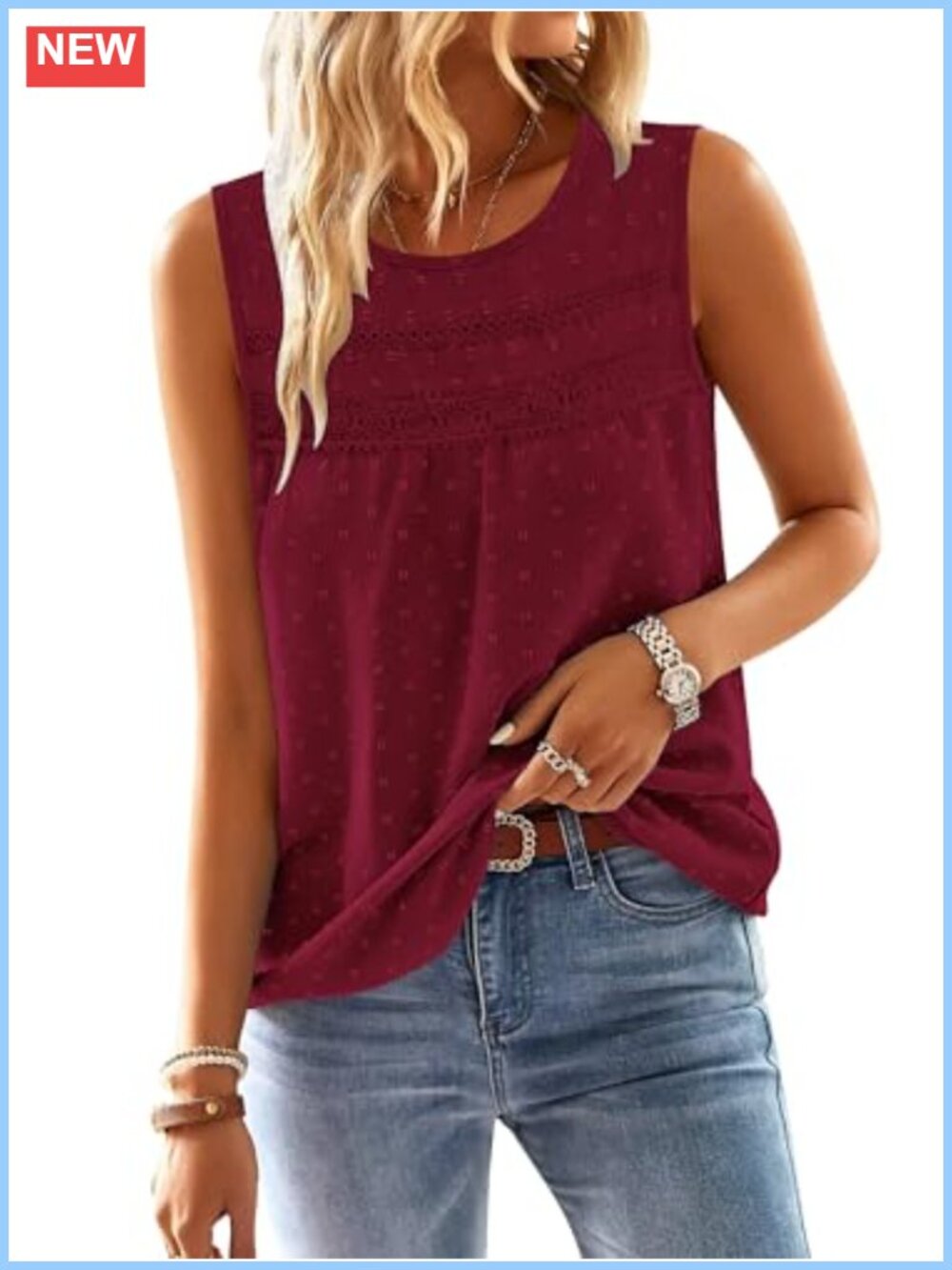 Sleeveless Swiss Dot Smocked Blouse with Lace Tunic Top